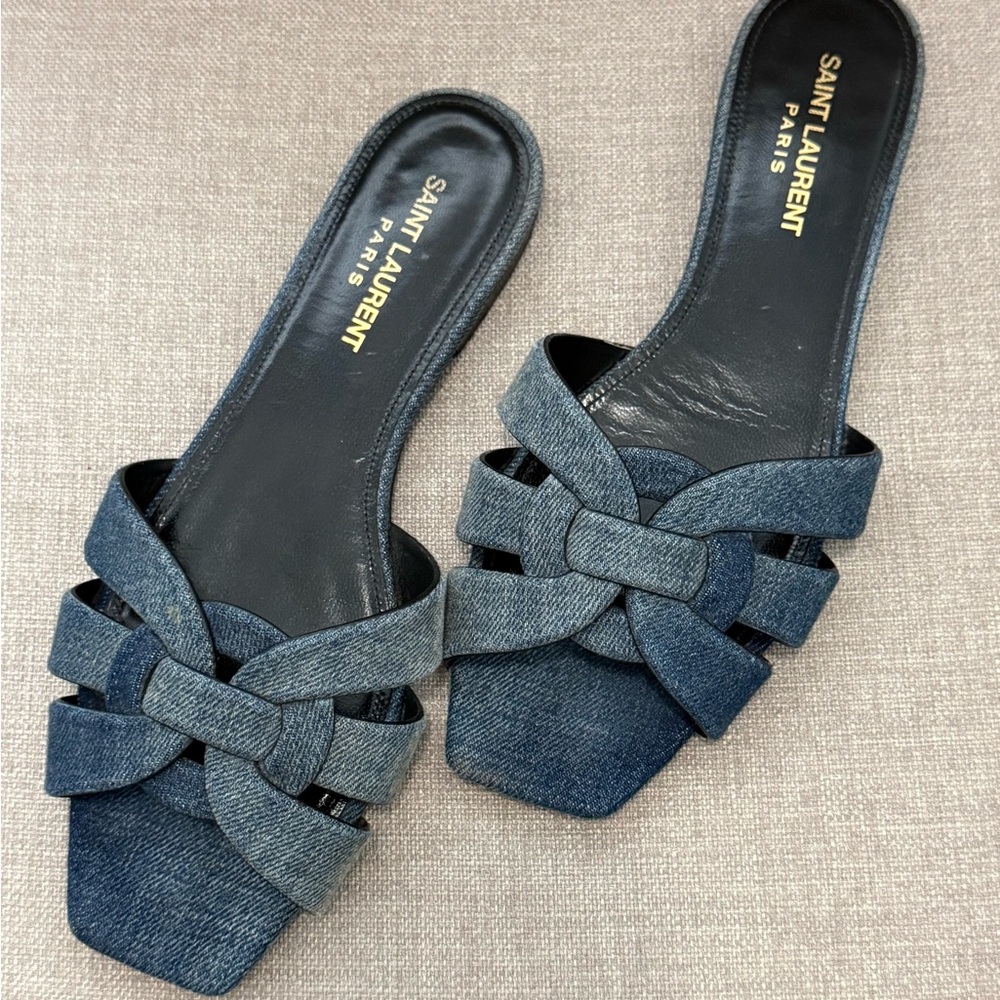 Saint Laurent Tribute Denim Mule Slide Sandals in Deep Navy Jeans 37.5